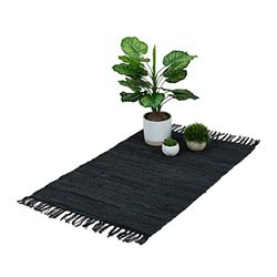 Relaxdays Alfombra de Algodón y Piel con Flecos, Hecha a Mano, Decorativa, Antideslizante, 60x110 cm, Negro