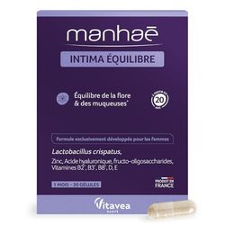 Vitavea Manhaé - Intima Equilibre - Probiotiques Equilibre Flore Intime et des muqueuses - Lactobacillus Crispatus, Vitamines, Zinc et Acide Hyaluronique - 30 gélules - 1 mois - Fabriqué en France