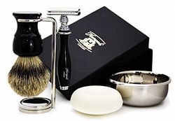 Classic Five Piece - Set da rasatura con pennello da barba in punta argentata, rasoio da barba, doppio supporto, ciotola in acciaio inox e sapone – regalo per lui