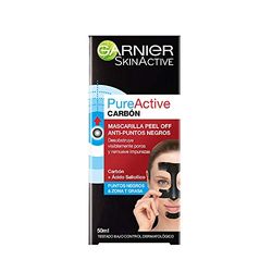 GARNIER Skin Active PureActive - Mascarilla Negra Peel Off con Carbón y Ácido Salicílico Anti Puntos Negros, Espinillas y Poros de la Nariz, 50 ml