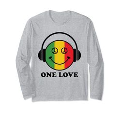 One Love Rasta Reggae Auriculares Peace Smile Face Rastafari Manga Larga