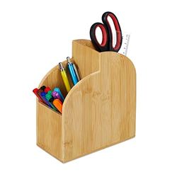 Relaxdays Pen Holder, Desk Organiser for Office and Home, Stationery and Brushes Storage, HWD 20x17x9 cm, Bamboo, Brown