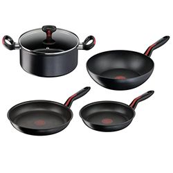 Lagostina Linea Rossa Set 5 Pezzi, 2 Padelle Ø 22/24cm, Casseruola Ø 24cm con Coperchio, Wok Ø 28cm, Induzione, Gas e Forno, Indicatore Cottura Thermosignal, Fondo in Acciaio Inox e Alluminio