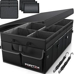 FORTEM Auto Organizer, Auto Kofferbak Organizer, Achterbak Organizer, Opvouwbare Organizer Auto met Compartimenten, Antislip Bodem, Verstelbare Bevestigingsriempjes, Opvouwbaar Deksel (Zwart, X-Large)