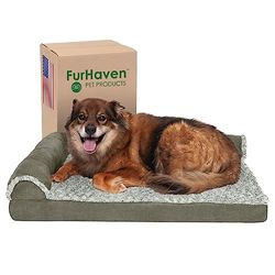 Furhaven Large Memory Foam Dog Bed Two-Tone Faux Fur & Suede L Shaped Chaise w/Removable Washable Cover - Dark Sage, Large