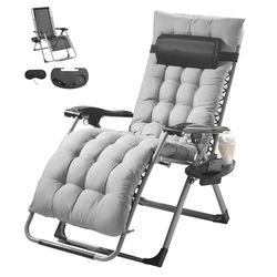 VEVOR, 33" Zero Recliner Lounge binnen en buiten, verstelbare anti-zwaartekracht stoel met kussen, hoofdsteun, voetsteun en bekerhouder, 500 lbs, grijs, 66,04 cm
