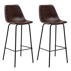 Set van 2 vintage LUCIEN barkrukken bruin - Zithoogte 75cm, retro stijl barkrukken met rugleuning en voetensteun, metalen frame