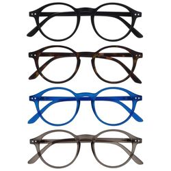 OPULIZE REY Occhiali da Lettura - Pacco da 4 - Montatura Rotonda Retro - Nero Opaco, Marrone Tartarugato, Blu, Grigio - Uomo Donna - RRRR56-1237 - +1.00