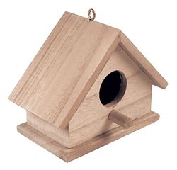 Rayher Fågelhus, trä, FSC-certifierad, 13,5 x 7,5 x 10 cm, fågelhus att hänga upp, med ögla, trädekoration för målning och dekoration, 62414000
