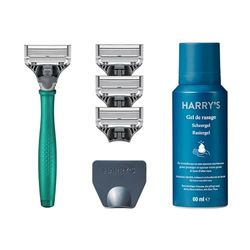 Harry's Rasoio bagnato per uomini – Set di rasatura con manico verde, 4 lame di ricambio per rasoio, copertura lama da viaggio, 60 ml, gel da barba, rasoio, lamette da uomo, lame da rasatura