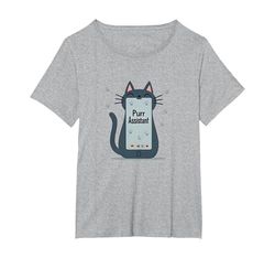 Asistente de ronroneo: Lindo diseño de teléfono Inteligente de Gato para Amantes de Las Camiseta, Mujer Tallas Grandes, Gris Jaspeado, 1XL Grande