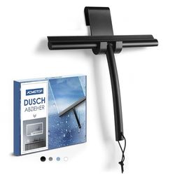 ACMETOP Estrattore doccia in silicone nero con supporto senza foratura, per doccia, bagno, specchio, pulizia del vetro, ergonomico