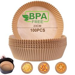 AiQInu Papel Freidora de Aire, 100 Piezas 23 cm Pergamino Redondas, Forro Food-Grade BPA Free Antiadherente para 3-8L Freidora y Microondas