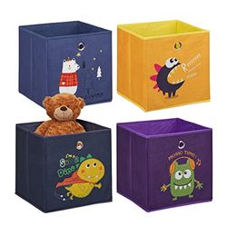 Relaxdays Lot 4 boîtes de Rangement, Chambre d’Enfant, Monstres et Animaux, Pliables, HxLxP : 30x30x30 cm, Multicolore