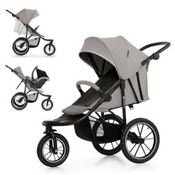 Kinderkraft HELSI 2 Buggy tot 27 kg, buggy vanaf de geboorte, loopkinderwagen met grote luchtbanden, ligfunctie, verstelbare oudergreep, inklapbaar, onderzitmand, grijs