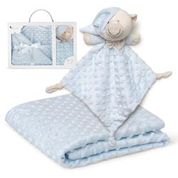 Interbaby - Manta Bebe Recien Nacido + Doudou Bebe | Manta Algodon Bebe y Poliéster, Terciopelo, Cómoda, Cálida, 80x110cm | Peluche Bebe Suave, Adorable, 28x17cm | Burbuja + Osito Azul