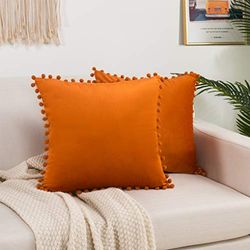 Elegant Comfort POMS - Set di 2 federe decorative in velluto morbido e solido quadrato, per divano letto, soggiorno, 18 x 18 cm, colore: arancione