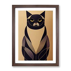 Cat Art Deco No.3 Framed Print for Living Room Bedroom Home Office Décor, Wall Art Picture Ready to Hang, Walnut A2 Frame (64 x 46 cm)