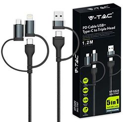 V-TAC USB Type-C till UBA-A, Lightning, Micro USB - 1 meter - Flera adapterkabel för snabbladdning och dataöverföring - Kompatibel med Iphone och Samsung