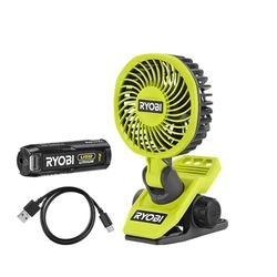RYOBI - Ventilador USB de litio (4 V, diámetro 9 cm, 2 velocidades, 120/90 rpm, cabeza orientable arriba/abajo y derecha/izquierdo, cable USB-C - 1 batería 4 V, 2,0 Ah, USB de litio, RCF-120G