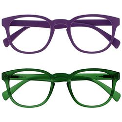 OPULIZE Pop Reading Glasses 2 Pack Fun Round Matt Frame Purple Moss Green Spring Hinges Scratch Resistant Mens Womens RR2-56 +3.00