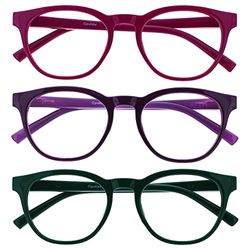 OPULIZE Blu - Occhiali da Lettura Filtro Luce Blu Set da 3 Montatura Tonda Fashion Cerniere a Molla Migliorano il Sonno Gaming Computer Anti Riflesso Rosa Viola Verde Uomo Donna BBB5-456 +2.00