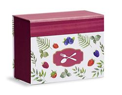 Mareli Caja de Recetas con 60 Tarjetas ilustradas para Rellenar con Recetas propias y 6 divisores con diseño de Alimentos, Color Burdeos, 22,5 x 11 x 17 cm