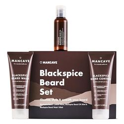 ManCave Blackspice Beard Gift Set with 3 Beard Grooming Essentials, For a thicker, more healthier beard, Vegan Friendly, Tubes made using Recycled Plastics, Made in England