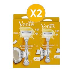 Gillette Venus Comfortglide RASOIO DONNA Cocco Plus Olaz, 2 LAMETTE RICAMBIO (da 5 Lame) e 1 Manico, per una Rasatura Liscia e Profonda, Skin Cushion con Idratante Olaz, idea regalo (Confezione da 2)