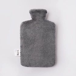 OHS Hot Water Bottle with Teddy Fleece Fluffy Cosy Cover Comfortable Durable Heat Retention Warm Soft – Charcoal / One Size