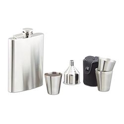 Relaxdays, 7 peças, conjunto de prata de 200 ml, funil, 4 copos e capa, aço inoxidável e couro