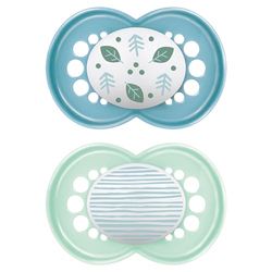 MAM Chupeta, a partir de 6 meses, com étina simétrica, plana e flexível de silicone Skin Soft Silicone de fácil aceitação, com caixa autoesterilizadora, original, azul brilhante, pack de 2 unidades