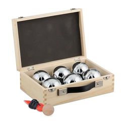 Relaxdays zestaw bocce, 6 metalowych kulek Ø: 7,2 cm z guzikiem, miarką i walizką, akcesoria petanque, naturalne/srebrne