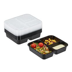 Relaxdays Vaschette per Alimenti in Set da 10, 3 Scomparti, USA e Getta, Porta Pranzo in Plastica con Coperchio, Nero, H x L x P: 4,5 x 21,5 x 18,5 cm