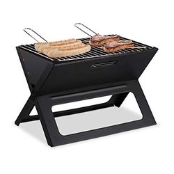 Relaxdays 10026545 Negro Barbacoa Portátil con Parrilla de Carbón y Rejilla, Plegable, Picnic y Camping, 30 x 45.5 x 30 cm, Negro