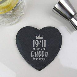 eBuyGB Drinks Mat, Placemat Engraved Heart Coaster-1941 This Queen was Born Design-80th Women, Her-Eightieth Birthday Gift for Mum, Slate