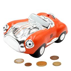 Keramische spaarpot als auto - spaarauto - spaarpot in oranje met sleutel, afmetingen L/B/H: ca. 20 x 12 x 7 cm
