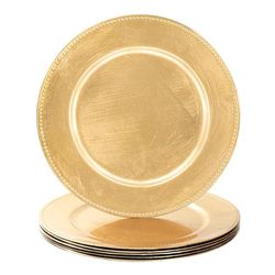 MAONAME Round Gold Beaded Charger Plates, Plastic Chargers for Dinner Plate, 13-inch Foil Plate Charger for Wedding, Table Place Settings, Set of 6
