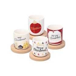 Avilia Lot de 4 tasses avec soucoupe en bois et décoration de Noël – Set de tasses à thé de Noël avec dessous de verre en bois, en porcelaine et bois, tasses de 200 cc