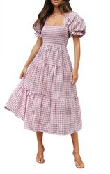 ZESICA Women's 2024 Bohemian Summer Plaid Square Neck Puff Sleeve Ruffle Flowy Beach Midi Dress, Taro, M