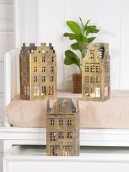 Pack of 6 Tealight candle holder, House, House motif, Metal, gold-colored, PU 6, Assorted 3 times, L. 9 cm, W. 9 cm, H. 18 cm