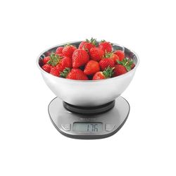 Salter Báscula Digital con Cuenco – Capacidad de 5kg/11lbs, Recipiente Medidor de Acero Inoxidable Apto para Lavavajillas de 2 Litros, Función Tare, Mide Líquidos, Pantalla LCD Iluminada.