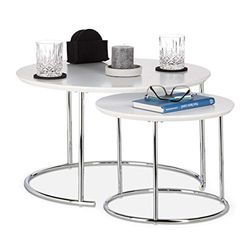 Relaxdays Table Gigogne Set de 2 Table de Salon Petite Ronde Mate, Table Basse Bois Métal Chromé 60x60 cm, Blanc