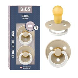 BIBS Colour Night Smoczek, 2 szt., Bez BPA", Symetryczny kształt gumowej główki. Lateks z kauczuku naturalnego, Wyprodukowano w Danii, Rozmiar 3 (od 18 miesięcy), Vanilla Glow