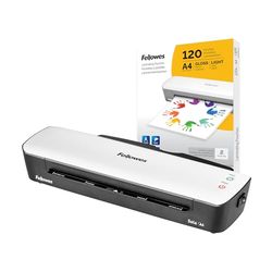 Fellowes plastificatrice Sola, formato A4, fino a 125 micron, uso domestico, con leva di sblocco e modalità riposo, [ESCLUSIVA AMAZON] + Pouches A4 per plastificazione, Finitura lucida, 120 fogli