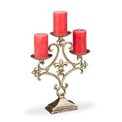 Relaxdays Candle Holder, 3-Armed, for Tealight and Pillar Candles, Vintage, Cast Iron, HxWxD: 28.5 x 23 x 7.5 cm, Gold