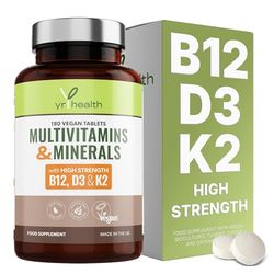 Vegan Multivitamins & Minerals with Vitamin B12, D3 & K2, Zinc and Iron, 180 Vegan Society Registered Tablets for Men and Woman, 6 Month Supply - Made in The UK by YrHealth