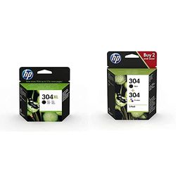 HP 304XL N9K08AE ABE pack de 1, haut rendement, cartouche d'origine, noir & Pack de 2 cartouches authentiques d'encre noire/trois couleurs HP 304 (3JB05AE)
