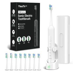 Brosse à dents sonique électrique pour adultes et enfants, 5 modes de brossage, 3 niveaux d'intensité, minuterie, 8 têtes de brosse de rechange, étui de voyage, rechargeable Sonic Toothbrush Blanc