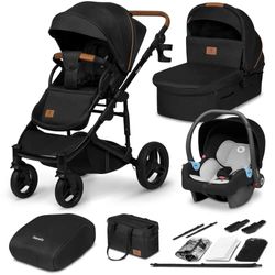 LIONELO MARI TOUR 3en1 Poussette Canne Bébé jusqu'à 22 kg Nacelle Siège-auto Réglage du Dossier Pliable Ceintures à 5 points, Roues Tout Terrain 360° Poussettes Combinées (Black)